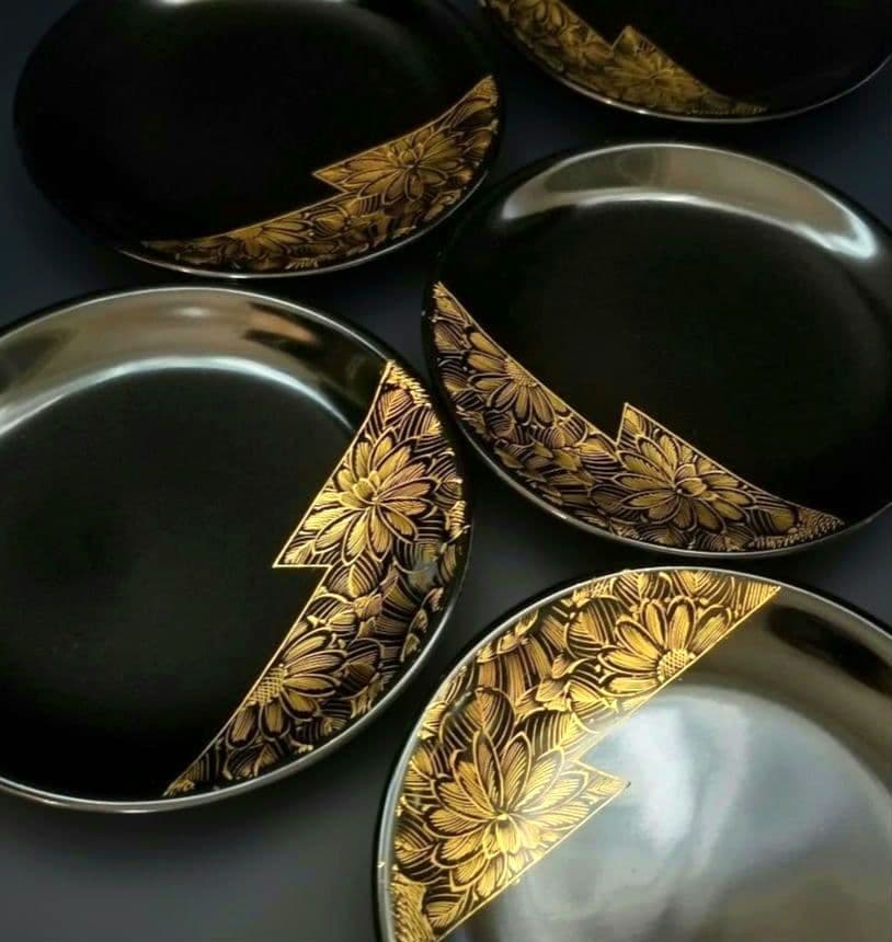 輪島塗 黒漆 沈金 金菊蒔絵 中皿 5枚セット