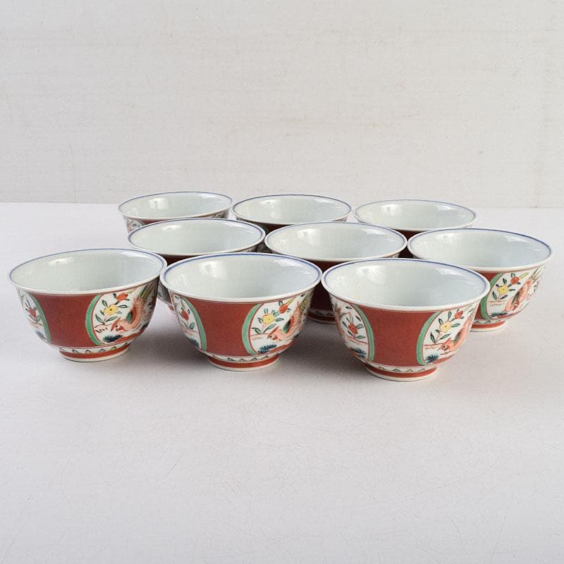 九谷焼　清々軒　矢口永寿造　金襴手写　花鳥文　煎茶碗　九客　共箱　M　R9404