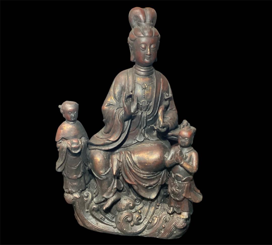 極上・鉄造鍍金仏・中国古玩・チベット仏教・仏教美術・観音菩薩・三尊・仏像・仏具