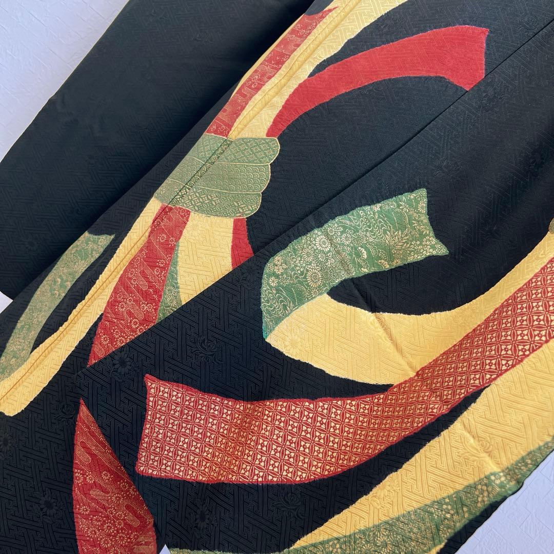 449 振袖フルセット 正絹 黒 赤 黄 緑 束ね熨斗 シンプル クール シック