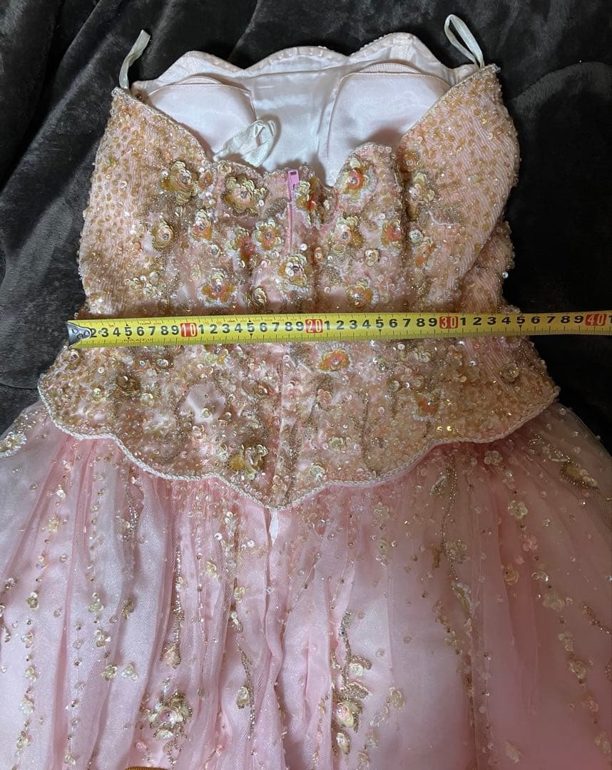 ピンクのビーズ装飾ストラップレスドレス カラードレス 9号〜13号