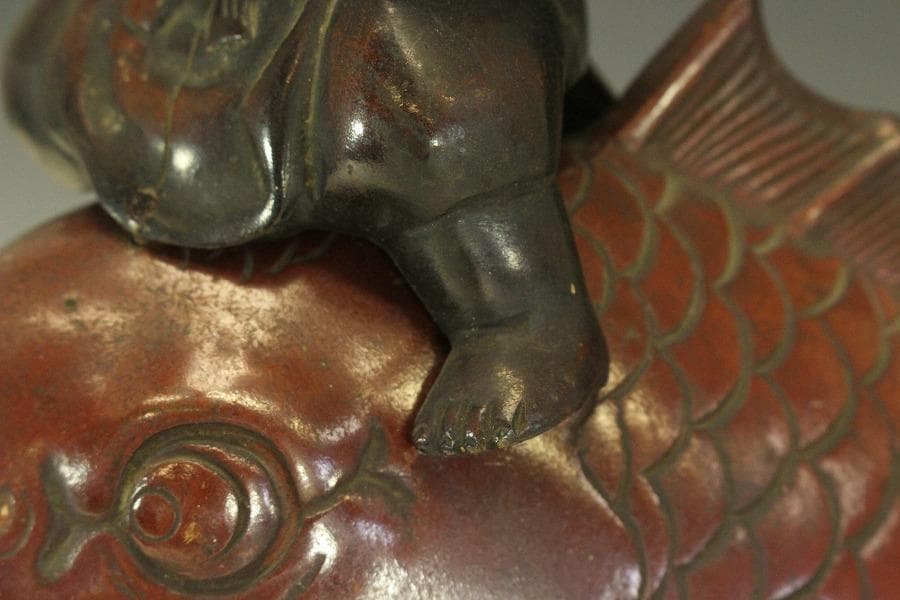 銅製 鯛 乗り 恵比寿 吉祥 縁起物 33cmx16cm 時代物(A193)