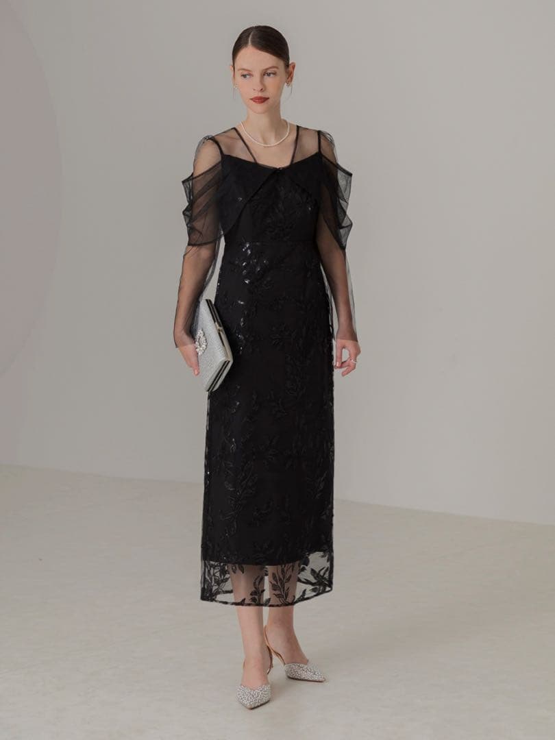 チュールロングスリーブリーフIラインワンピースドレス結婚式二次会パーティー成人式