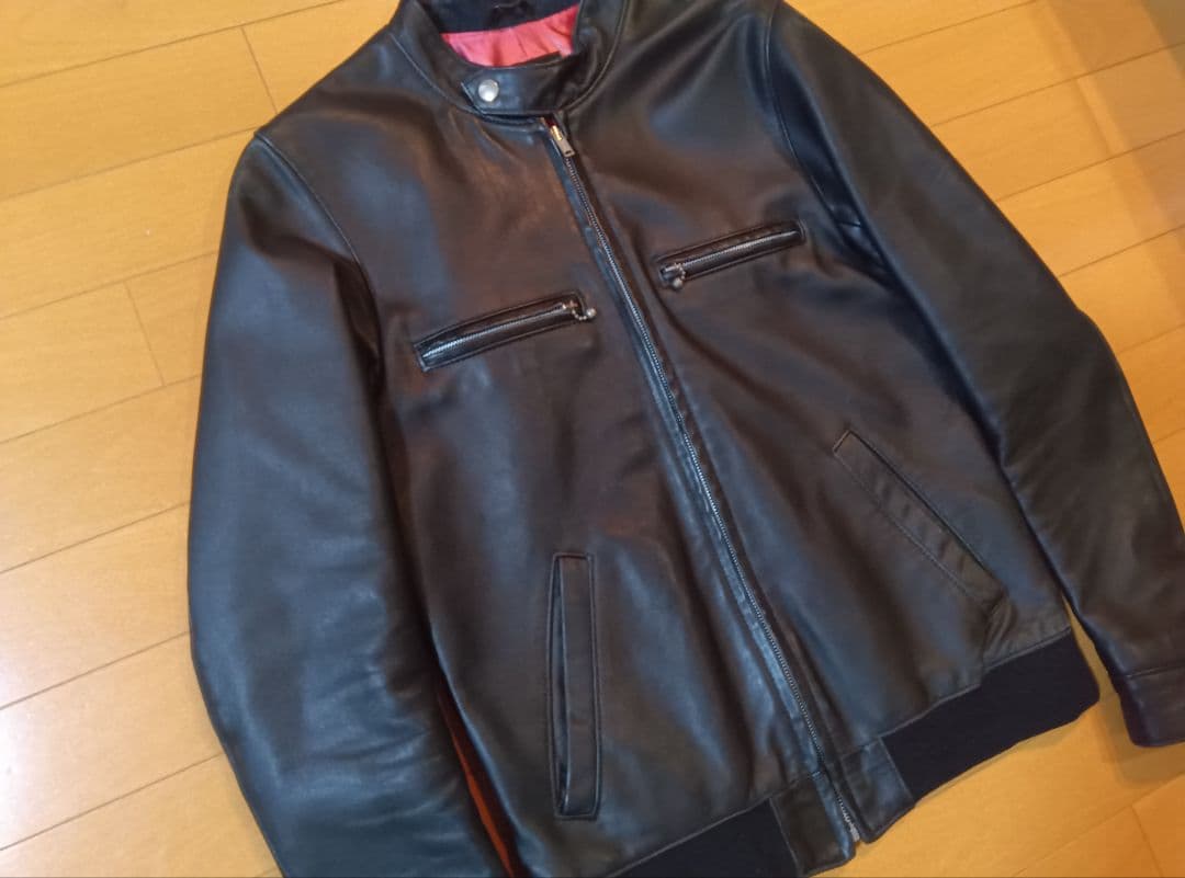シングルレザーライダースマンダリンカラーブルゾンMブラック黒
