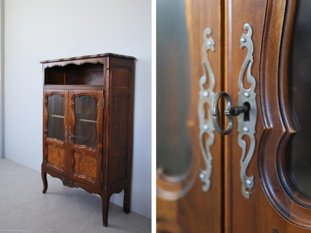 フランスアンティーク木製ブックケースキャビネット/本棚/食器棚/飾棚90-247