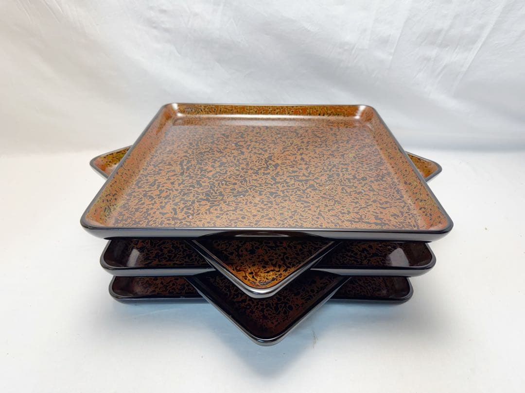 ほぼ未使用 懐石道具 若狭塗 木製 四方盆 5枚組 螺鈿模様 銘々盆 平膳 茶事