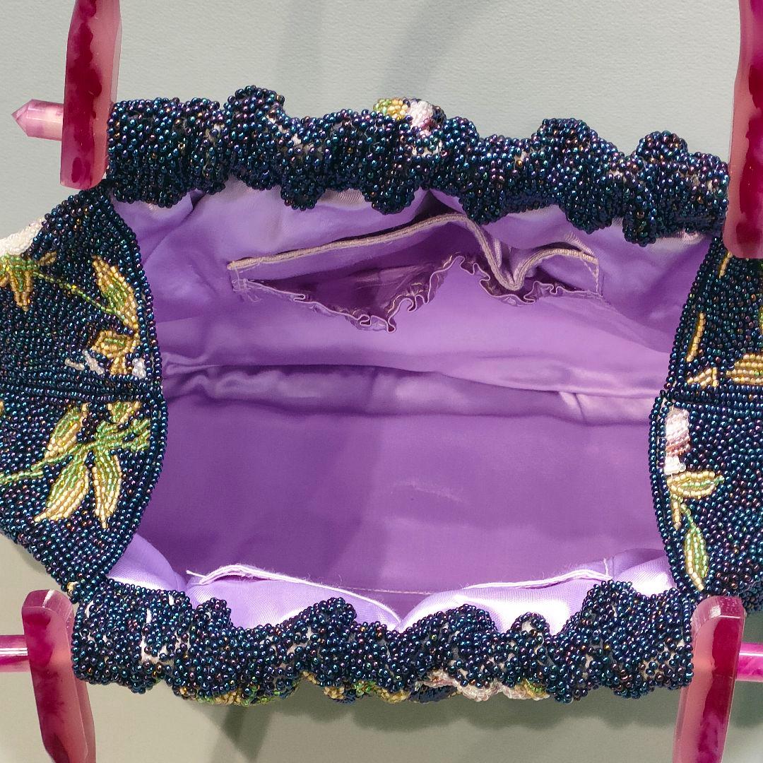 総ビーズバッグ レトロデザイン バラ柄 ネイビー ハンドバッグ