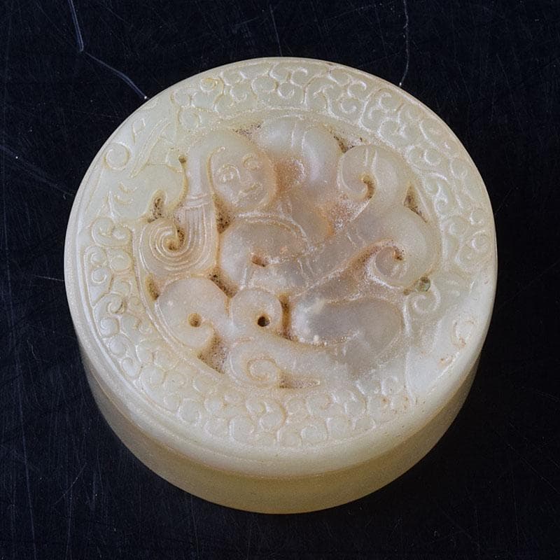 中国　玉石白玉彫刻　人物彫　盒子　蓋物　C　R8624