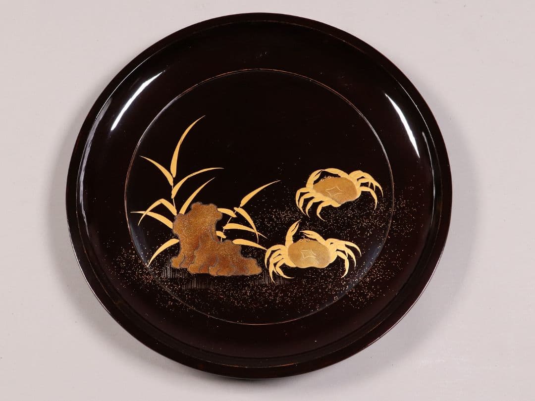 CK91 木製漆器 蟹蘆金蒔絵 黒塗 大徳寺盆 五客 24.5cm 木皿 菓子盆