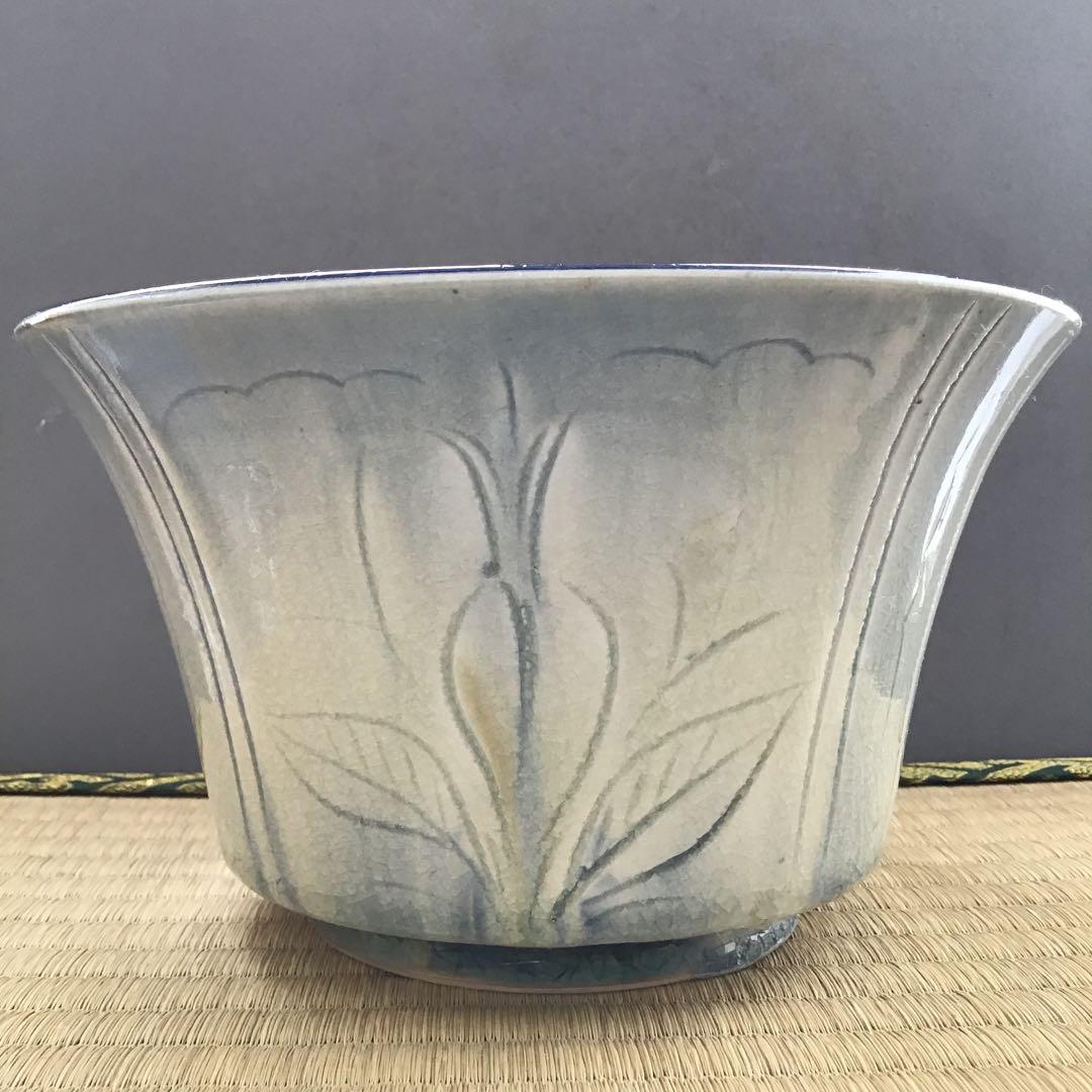 茶器　菓子器　御深井釉単花刻文菓子鉢　大江文象作　無形文化財　共箱　S274KH