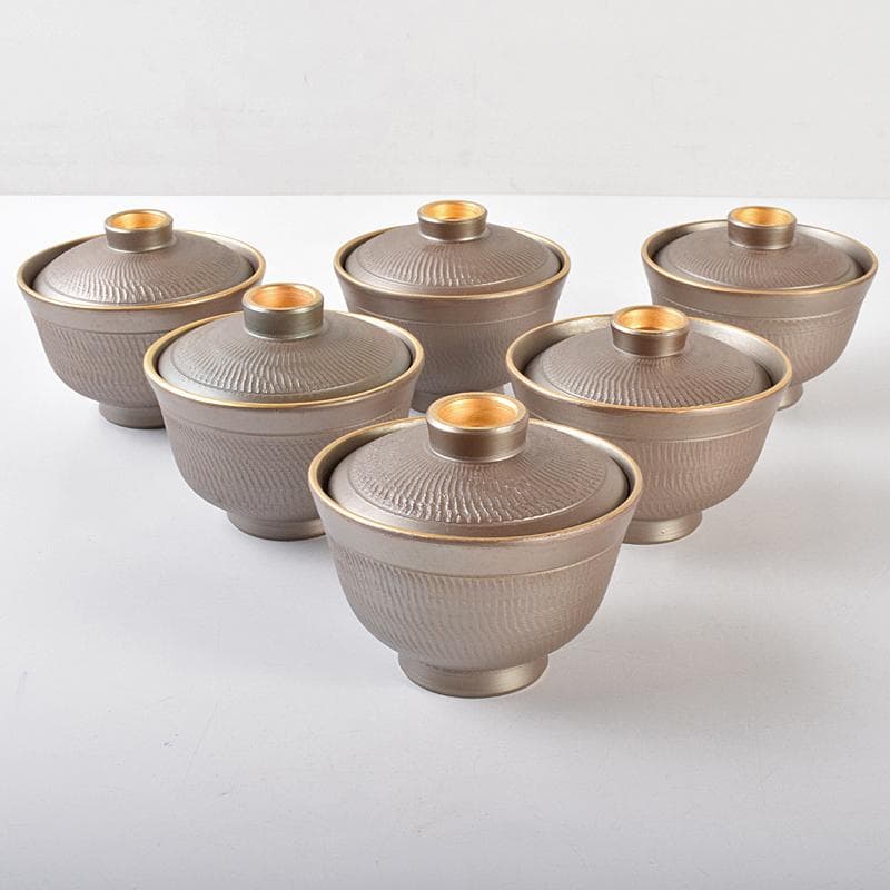 煎茶道具　萬古焼　森伊呂久作　すすり茶碗　蓋茶碗　六客　共箱　M　R5145B