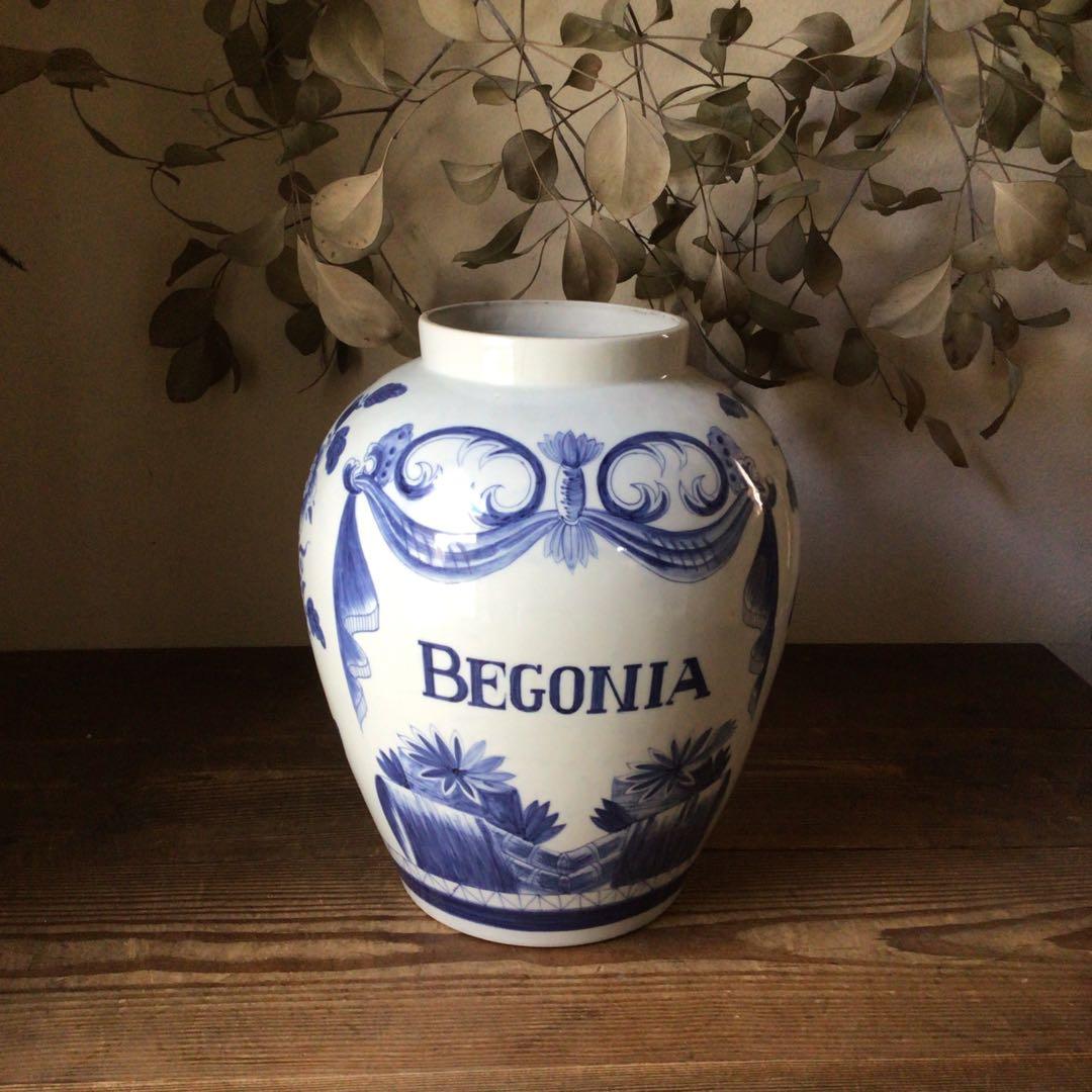 3582 オランダ デルフト陶器　BEGONIA 染付　和蘭　タバコ壷　送料無料