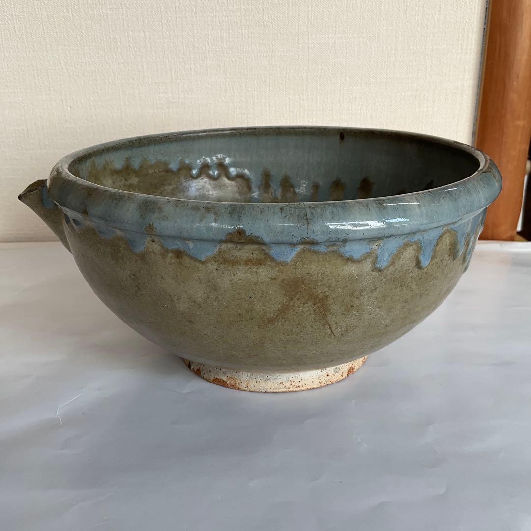 松代焼岡田窯　青釉薬片口　明治中期から大正初期頃