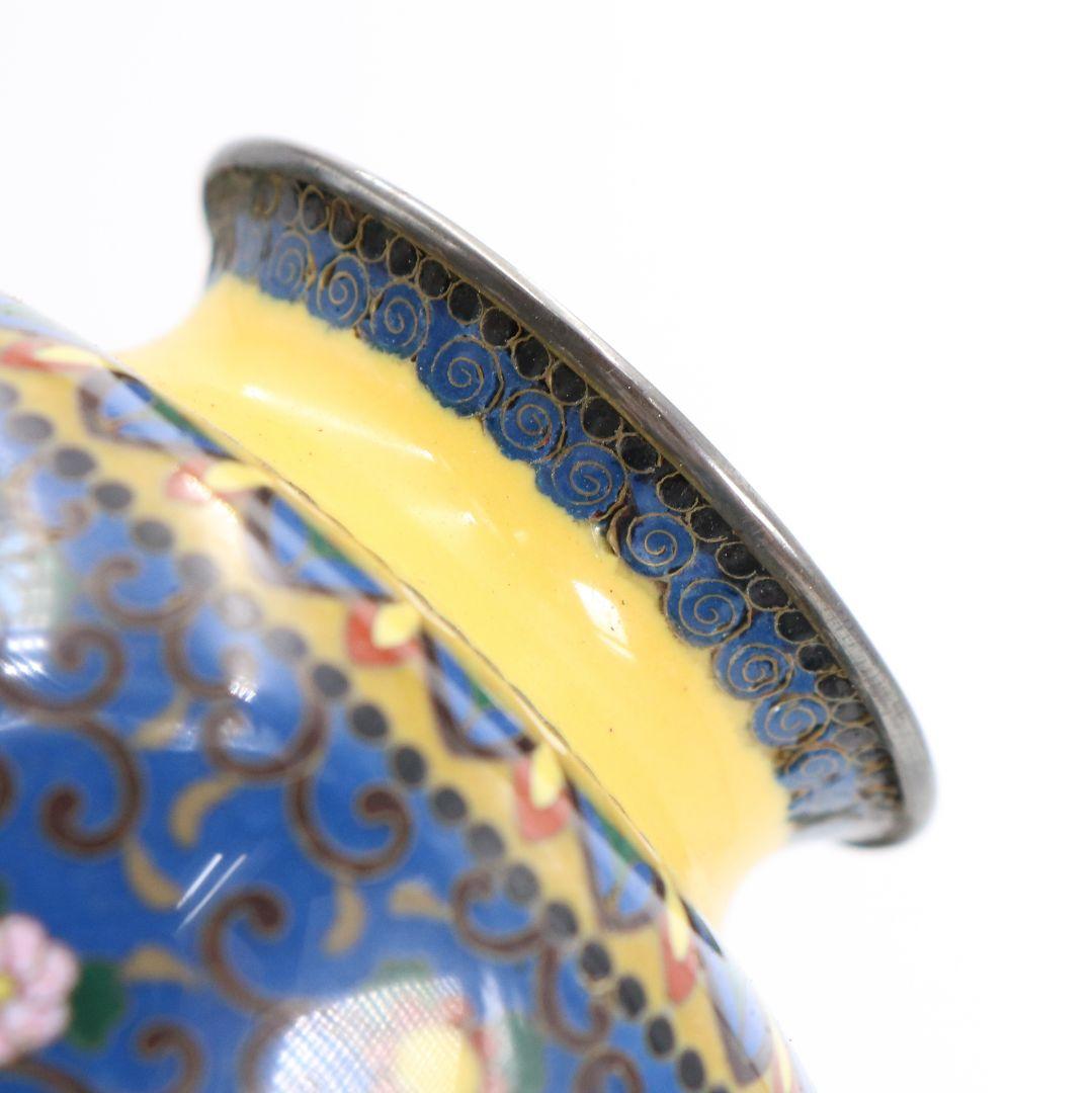 七宝焼 銀覆輪 唐草鳳凰龍図 花瓶 純銀刻印 唐木台座　V505　DC2