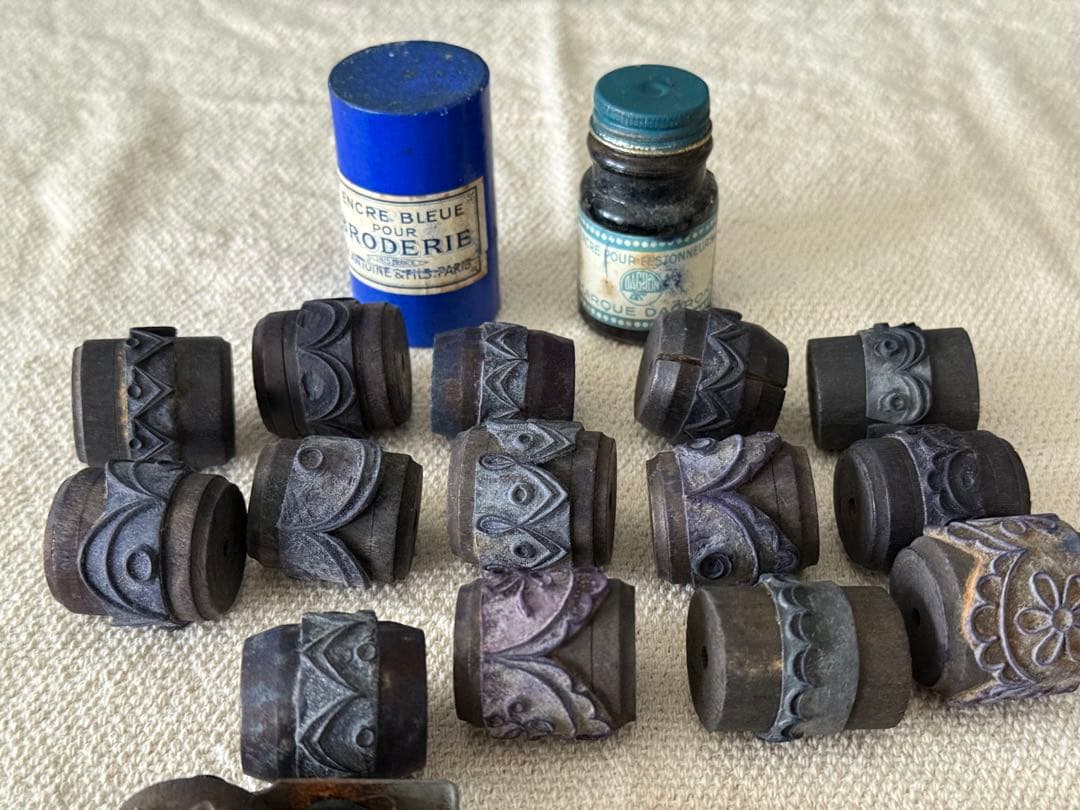 フランスアンティーク　木製スタンプ 15個セット インク瓶付き