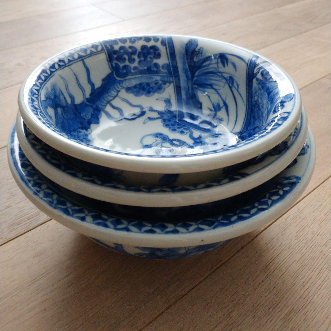 骨董　染付　龍　富士山　三つ組　入れ子鉢