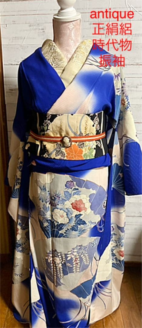 3539◆アンティーク着物正絹絽時代物振袖藍色に白ぼかし染め美しい扇面牡丹　逸品