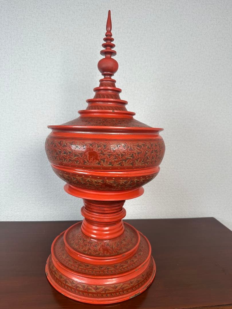 ミャンマー アンティーク 漆器 蒟醤 仏塔形 供物器 高さ約62cm ※31※