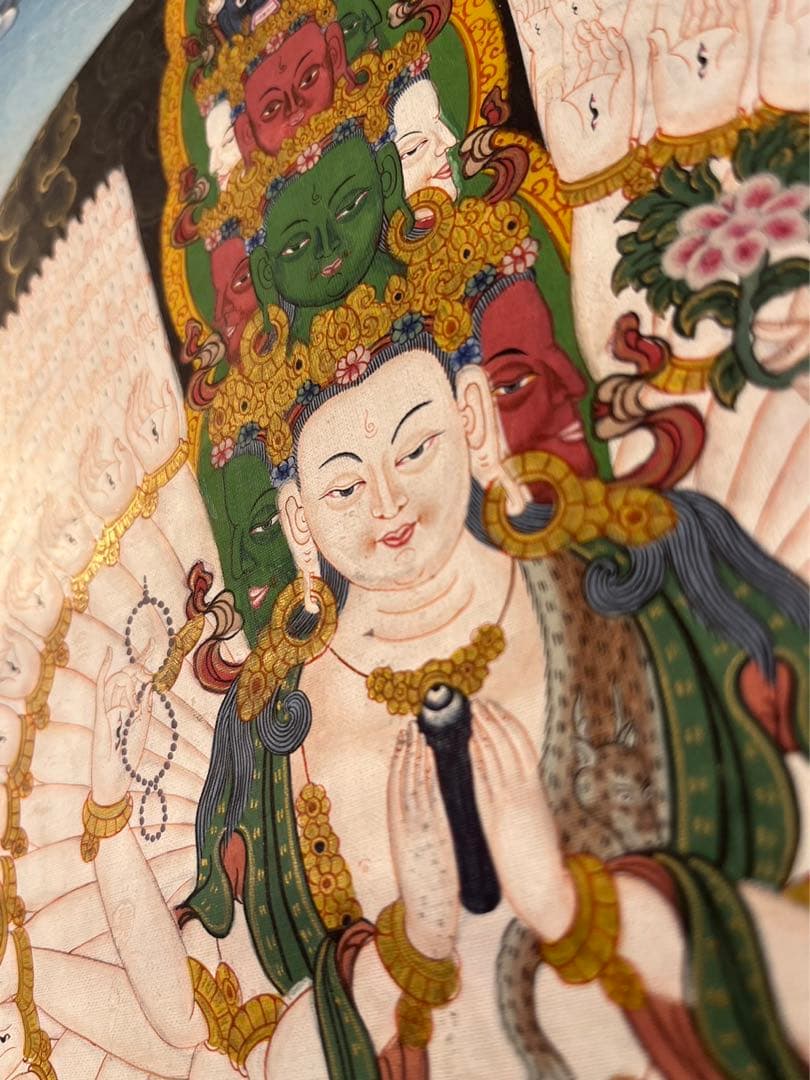 40年前のアンティーク 仏画 手書 タンカ 十一面千手千眼観世音菩薩 33x46