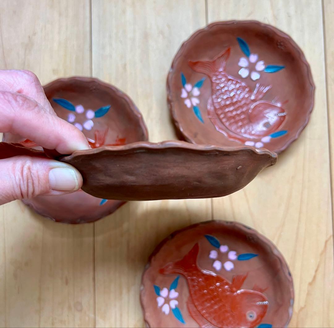 せんべい皿　鯛の図A 5枚セット　絵備前　色備前　備前焼　小皿　アンティーク