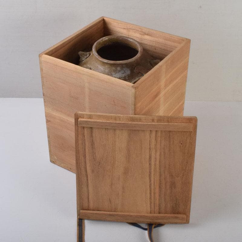 中国　飴釉　花草刻　双耳壷　時代箱　Z　8615A