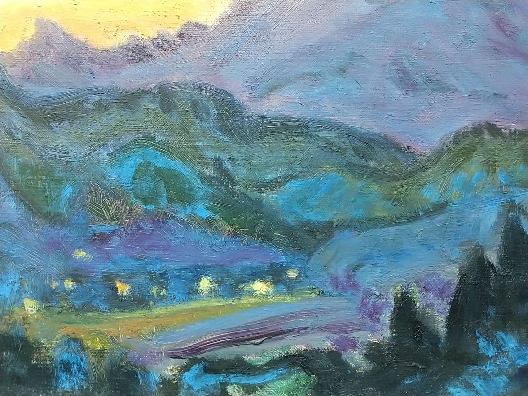 油彩画 「浅間夕景」油絵 絵画 F4 風景画 アート 額装 額縁 古径