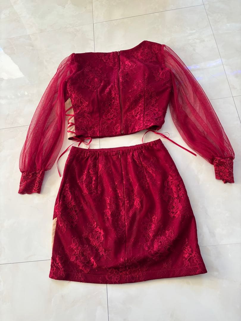 JEWELSセットアップミニドレスチュール袖キャバドレス Mサイズ ワインレッド