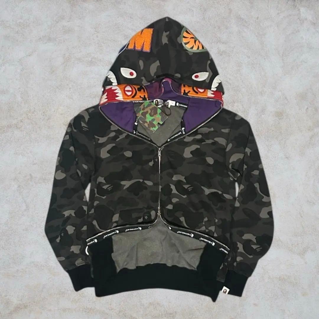 希少A BATHING APE エイプ シャーク ダブルフード パーカー L