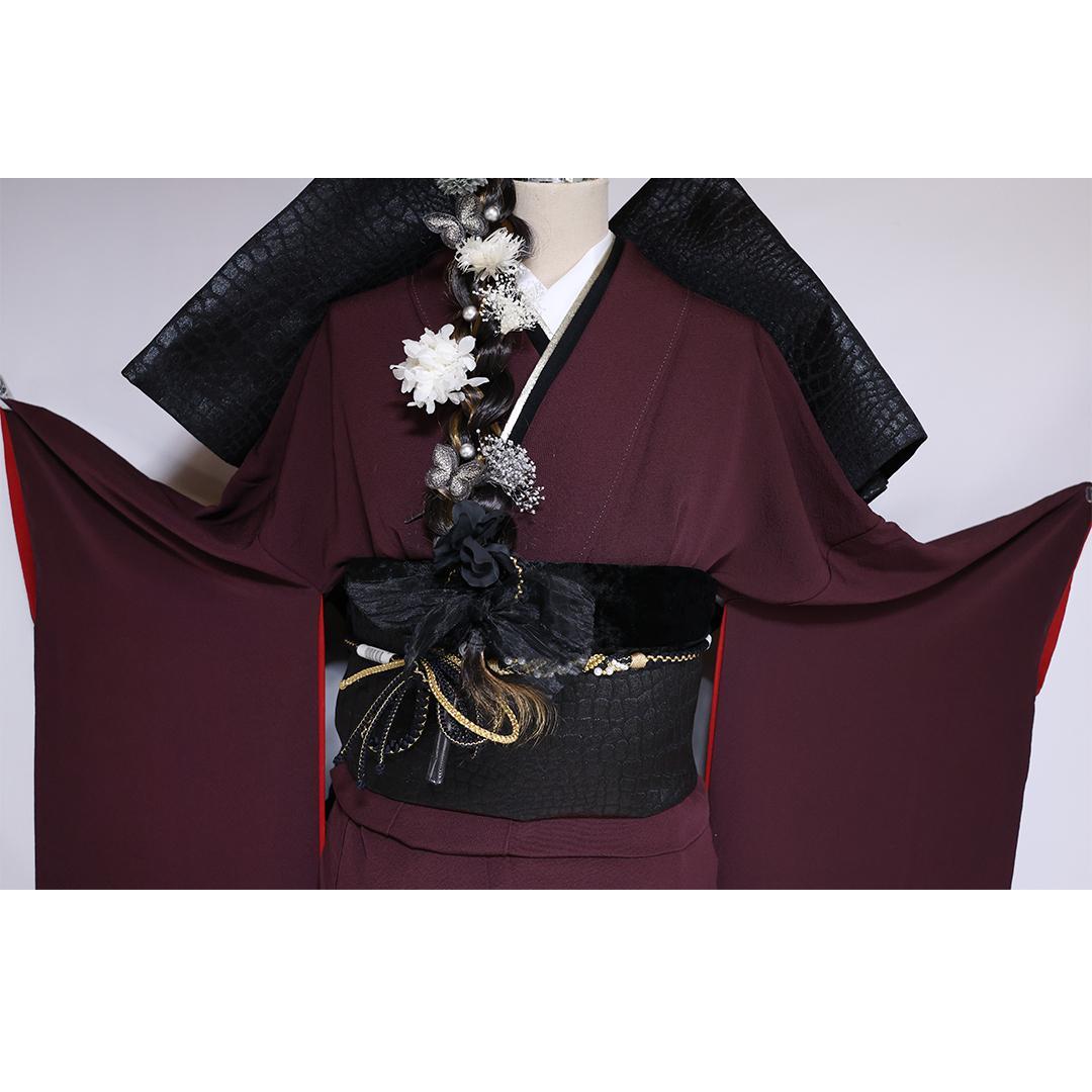 【美品】無地振袖3点セット ◆トールサイズ170.5cmエンジRa58