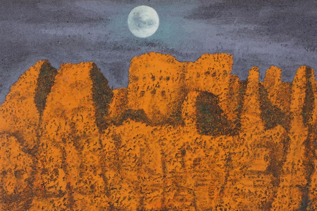 忠明 額装絵画 作品「交河故城」 日本画調 シルクロード砂漠風景 共シール 箱付