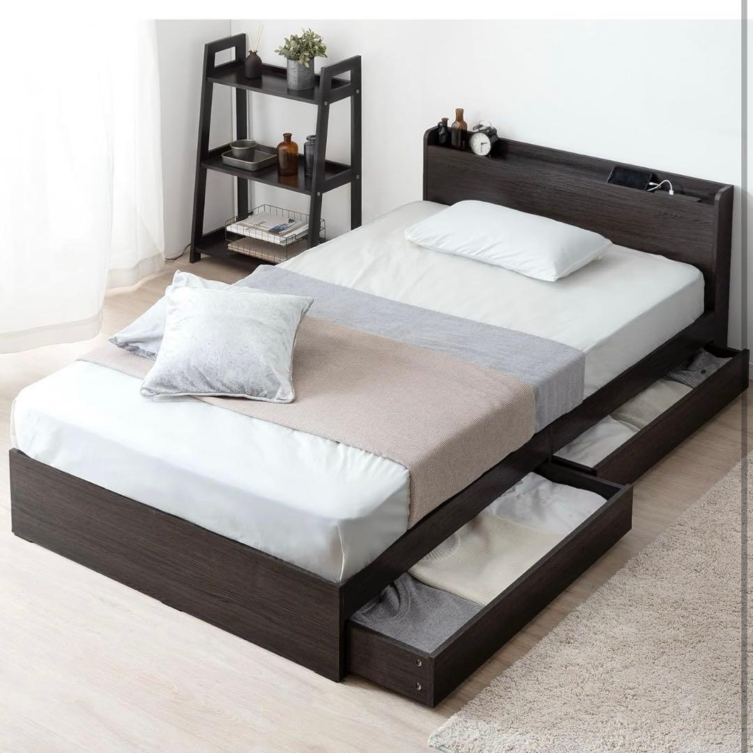 タンスのゲン　ベッドフレーム　シングル　グレイッシュウッド　収納　コンセント