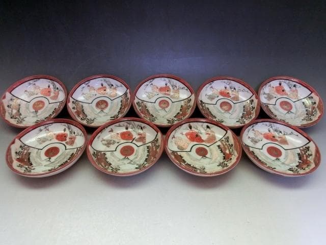 皿■九谷人物赤絵 9客 松梅 古九谷（江戸期）小皿 豆皿 古美術 時代物 骨董■