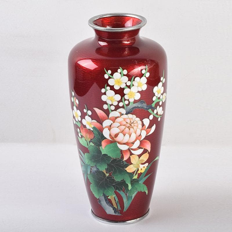 七宝焼　赤透釉　四君子文　花瓶　M　R9121