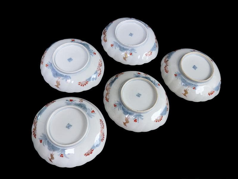 古伊万里　金襴手　鳳凰の図　鮑型変形皿　５客　E941AS-CRr