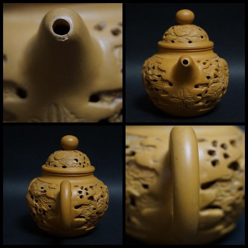 煎茶道具 中国宜興 大唐縷空精彫在銘 紫砂急須 細工彫り『獅子』宜興紫砂壷