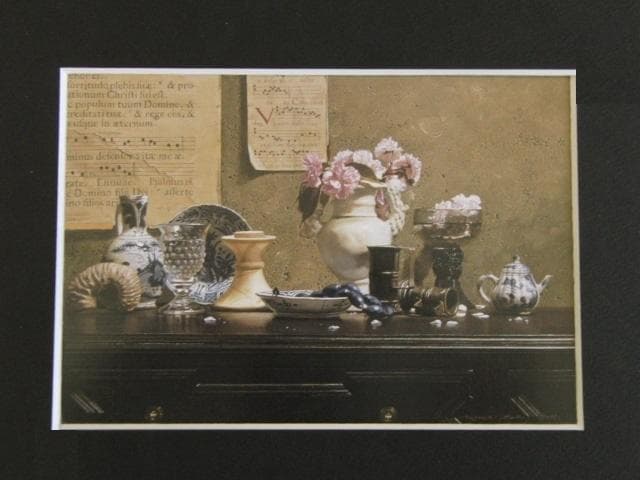 青木敏郎、【桜・楽譜・小さな焼物】、希少な額装用画集画、新品高級額 額装付