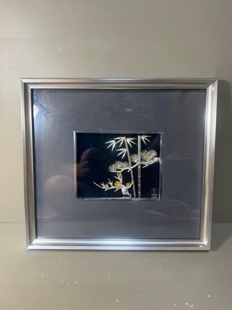 2607 純銀 貴金属画 松竹梅 光則作　銀工芸　額縁 飾り