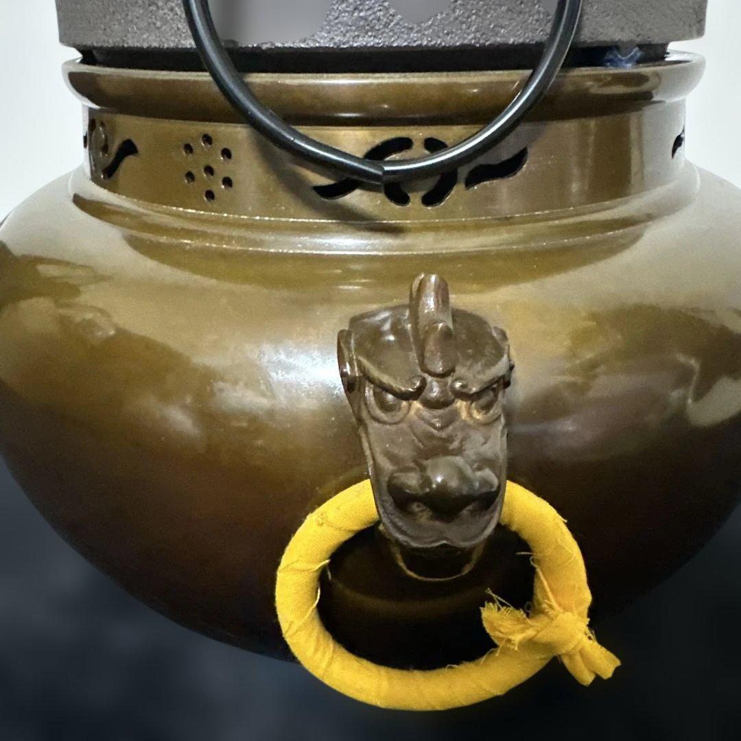 美品 在銘 金森 昭栄 摘み真形釜添え 唐銅鬼面風炉 銅製 茶釜 鉄瓶