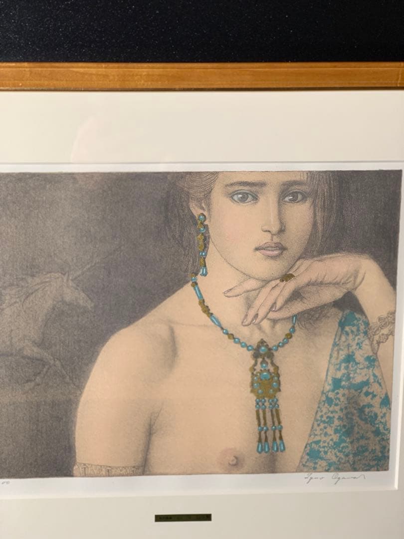 小川以久男 二科会委員 ユニコーンと少女6/200 リトグラフ 版画 額装