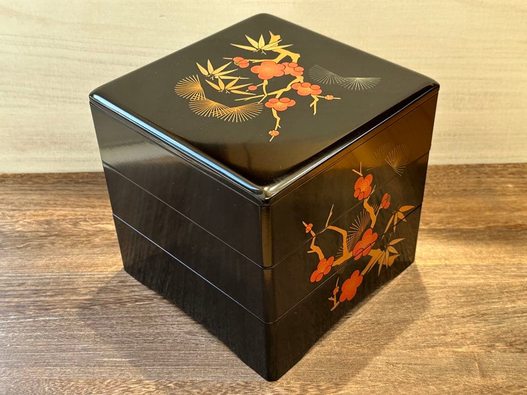 【未使用】会津塗 木製漆器 重箱 3段 松竹梅柄