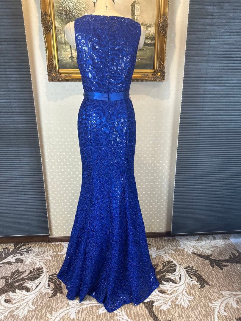 青色レーススパンコール刺繍マーメイドドレス ウエストリボン付き