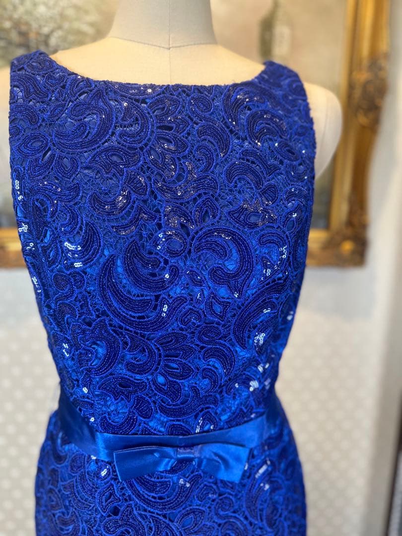 青色レーススパンコール刺繍マーメイドドレス ウエストリボン付き
