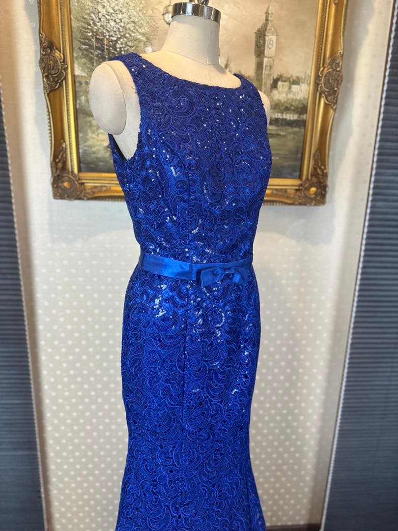 青色レーススパンコール刺繍マーメイドドレス ウエストリボン付き