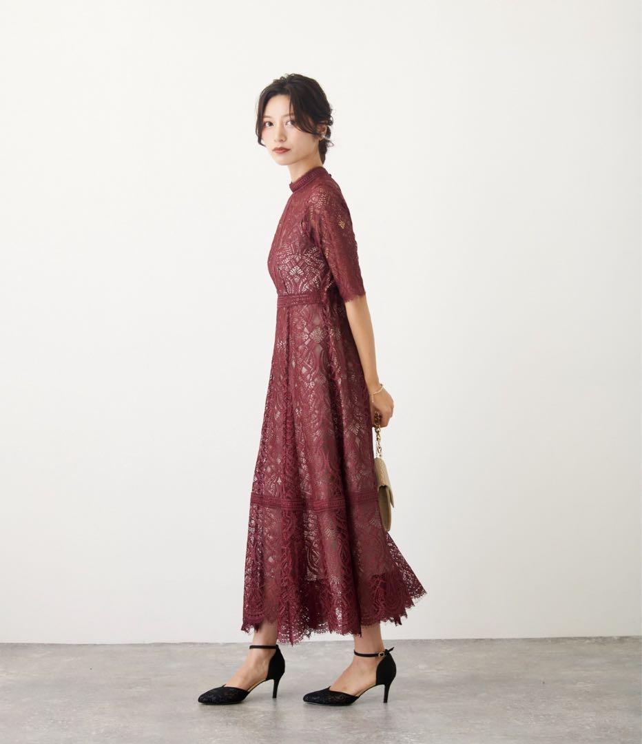 Dorry Doll 配色レース×ハシゴレース切り替えワンピースドレス ボルドー