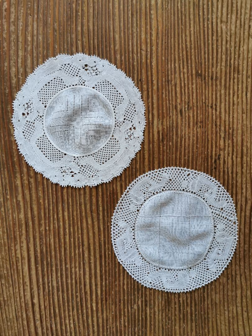アンティークベルギー フランダースレース ドイリー 透かしクロス格子 2枚セット