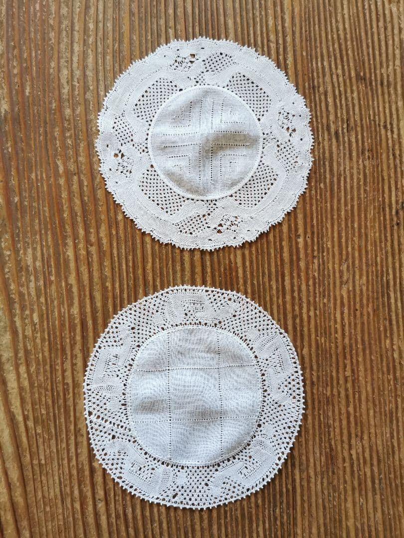 アンティークベルギー フランダースレース ドイリー 透かしクロス格子 2枚セット