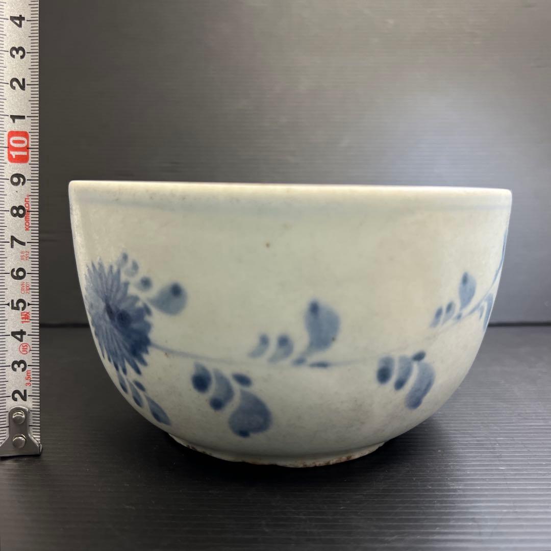 李朝中期　分院　染付コウモリ花文鉢　木箱付　口径15.7㎝　東Y7-1016②