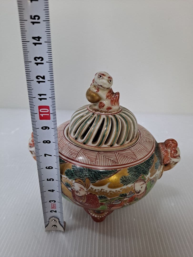 九谷焼 未使用 耳付き 三つ足香炉 赤絵 つまみ狛犬 アンティーク