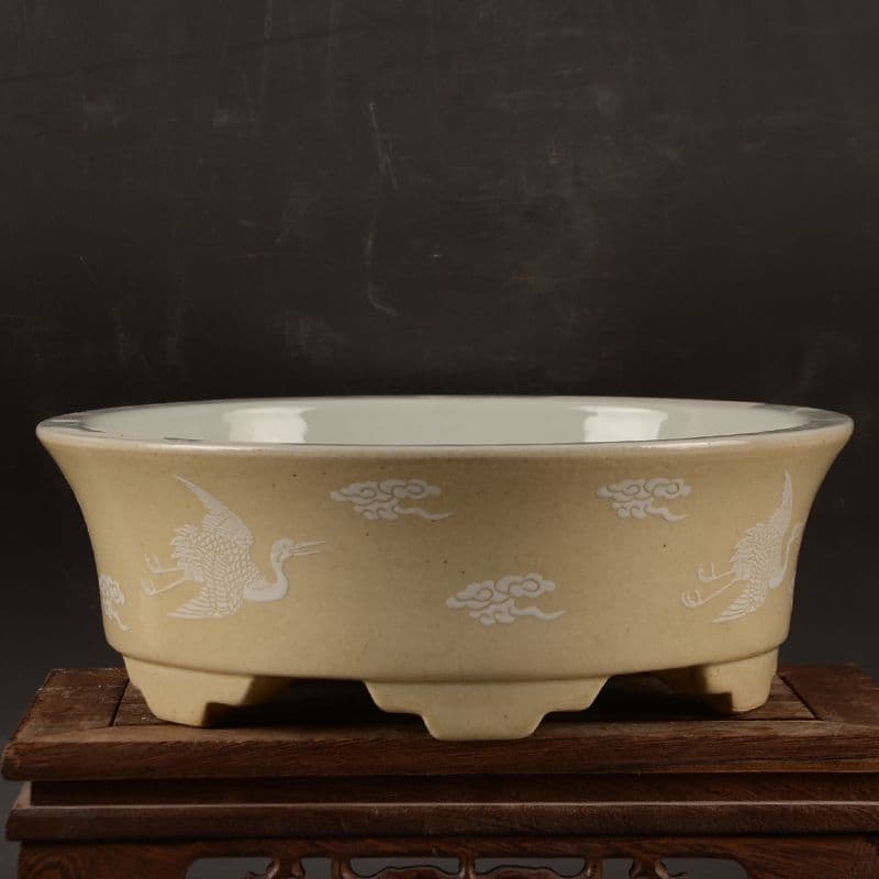 黄地に鶴紋 円形 筆洗い 水仙鉢 工芸品 置物