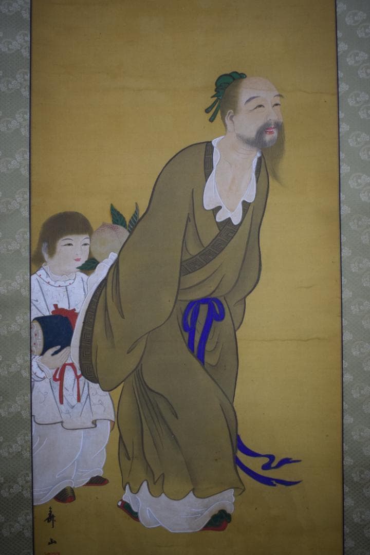 【真作】三笠華山/桃仙人図/掛軸☆宝船☆Z-589